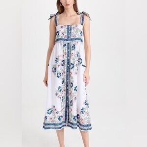 Juliet Dunn tie shoulder 100% cotton midi dress in rose border print